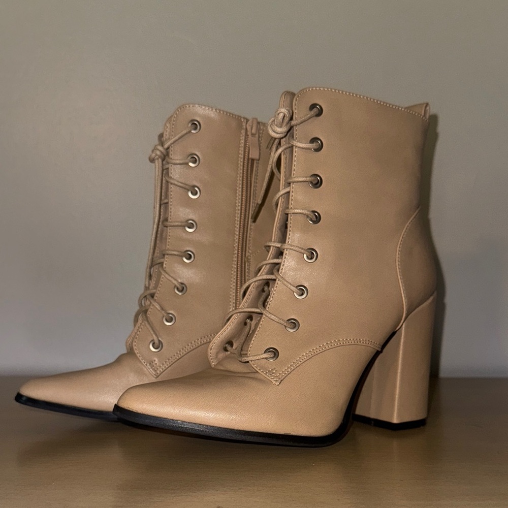 Nasty Gal Beige Lace-Up Heeled Boots
